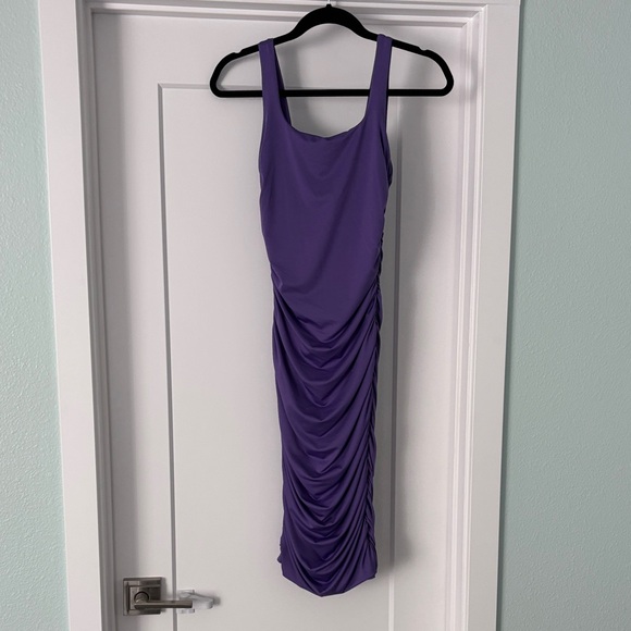 Chic Purple Ruched Midi Dress - Picture 1 of 4